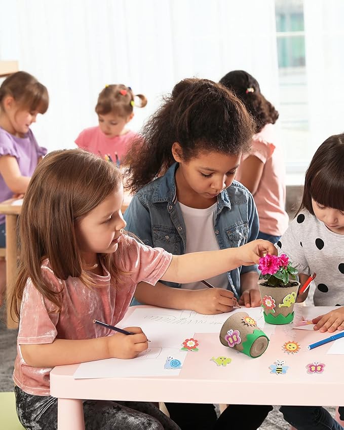 Ayfjovs Garden Paper Pot Craft Kit 15 Pack Flower Plant Spring Craft with 105 PCS Adhesive Foam Stickers and 15 PCS Paper Mache Pots, Flower Planting Growing Kit Science and Garden for Kids
