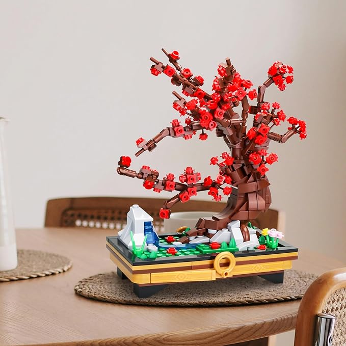 Plum Blossom Bonsai Tree Building Set, Small Building Blocks Set, for Kids Adults Chinese Flower Blocks Sets Home Office Decor for Adults Gift for Kids Age 6+,Red,483 Pieces 63004