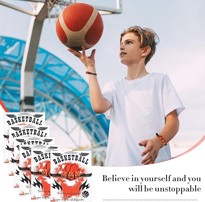 Yinkin 36 Pcs Basketball Gifts for Girls Team Boys Basketball Bracelet Valentines Jewelry Gifts Basketball Party Favors Charms Sports Fan Bracelet with Motivational Card Gift Bulk