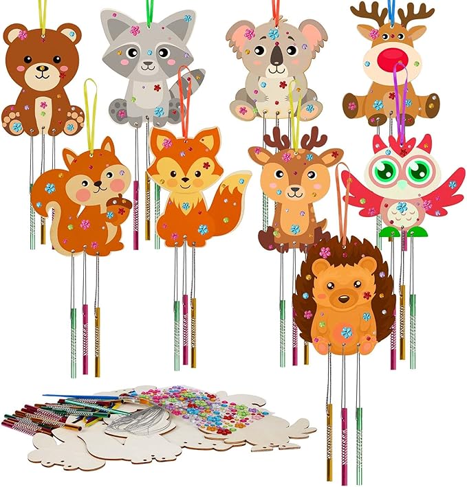 9 Pack Wind Chime Kit for Kids,Fall Craft Kits Autumn Animals Wind Chime Decorative Wooden Hanging Ornaments DIY Painting Craft for Boys Girls Thanksgiving Halloween Party Supplies
