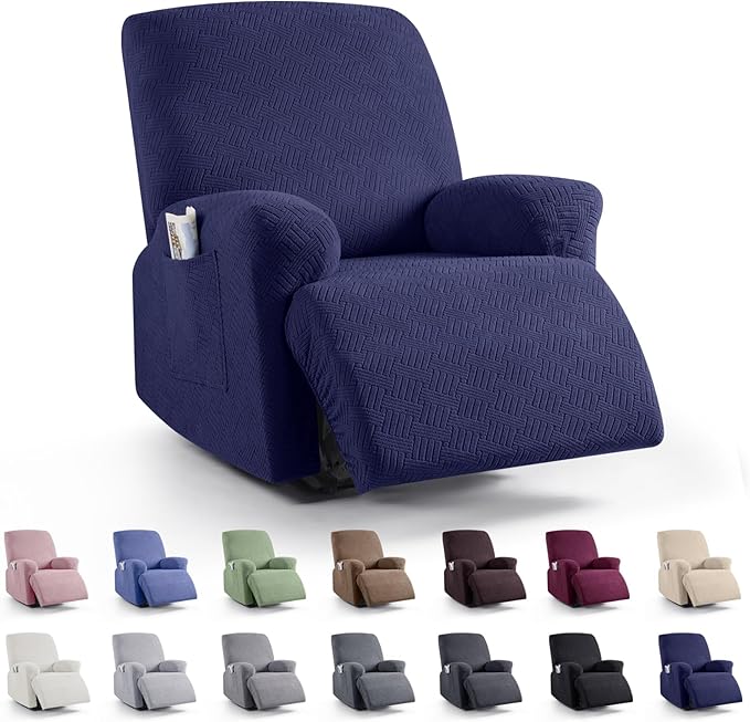 KinCam Recliner Covers, Stretch Reclining Chair Covers, Recliner Sofa Slipcovers Stripe Jacquard Recliner Couch Covers Furniture Protector Covers for Pet Kid (1 Seater, Dark Blue)