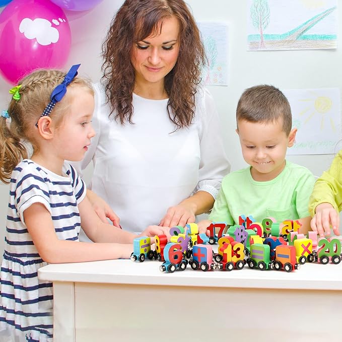 Wondertoys 27 PCS Wooden Train Set Toy Wooden Magnetic Number Train Set Includes 1 Engine Cars for Toddlers Boys and Girls, Compatible with Major Brands Train Set Tracks