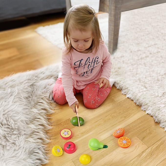 Wooden Cutting Play Food Toys - 11 PCS Wood Pretend Cutting Play Food Educational Set for Toddlers 1-3, Veggie Slicers Playset, Toys Food and Fruits with Storage Case for Christmas Birthday Gifts