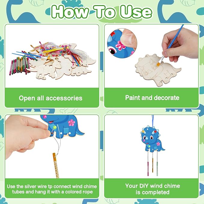 Fennoral 10 Pack Dinosaur Wind Chime Kit for Kids Make Your Own Dinosaur Wind Chime Wooden Arts and Crafts for Girls Boys DIY Coloring Art Activity for Dinosuar Themed Birthday Party Decoration
