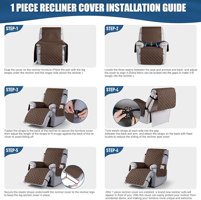TAOCOCO 100% Waterproof Recliner Covers, Recliner Sofa Covers with Leg Straps, Reversible Recliner Couch Cover for Reclining Chair, Washable Couch Protector for Pets Kids(1 Seater 22", Brown)