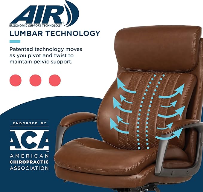 La-Z-Boy Nova Vegan Leather Modern Executive Ergonomic Design Office Chair, Memory Foam Thick Contoured Seat Back with Patented Lumbar Support Technology, Soft to Medium Sit Comfort, Cognac