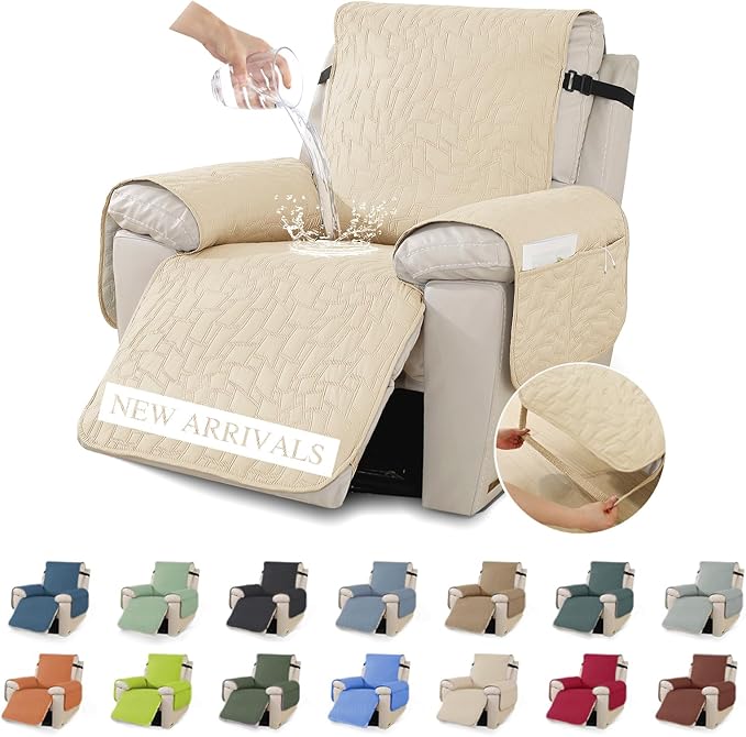 XINEAGE 100% Waterproof Recliner Chair Covers with Elastic Straps, Nonslip Reclining Couch Covers Washable Recliner Couch Cover with Pockets Furniture Protector for Pets Dogs (Beige, 23")