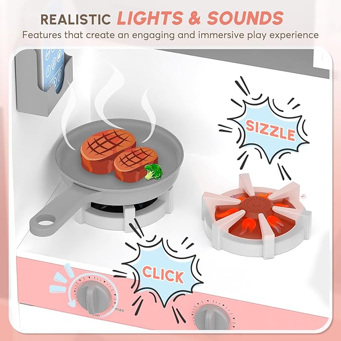 BIERUM Play Kitchen with Realistic Lights & Sounds, Wooden Kitchen Playset with 28 Pcs Toy Food & Cookware Accessories, Toy Kitchen with Plenty of Play Features, Idea Gift for Boys and Girls Ages 3+