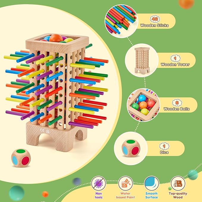 Montessori Game Wooden Board Game, 42 Colorful Wooden Sticks Dice Game Math Educational Toys for 3 4 5 6 Years Old, Fine Motor Skills Toys & Counting Toy Family Game Travel Toys Gifts for Kids