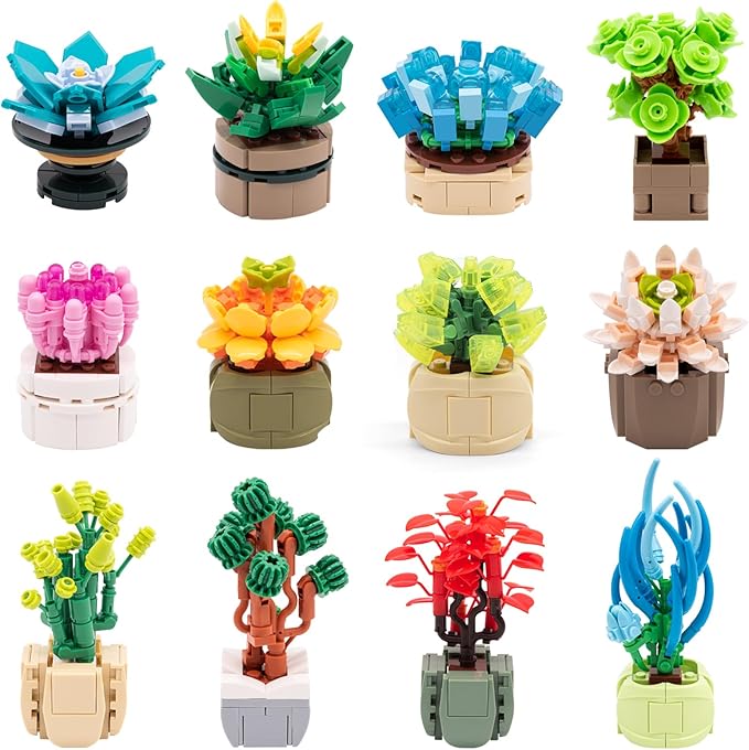 Succulents Plant Decor Building Kit 12PCS, Bonsai Tree Building Block Set, Flower Bouquet Toys Kit Botanical Collection, Creative Building Project for The Home or Office, Kids Party, Birthday Favors