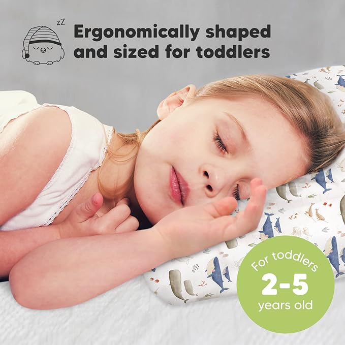 Toddler Pillow with Pillowcase - 13x18 My Little Dreamy Pillow, Organic Cotton Toddler Pillows for Sleeping, Kids Pillow, Travel Pillows, Mini Pillow, Nursery Pillow, Toddler Bed Pillow (Marine)