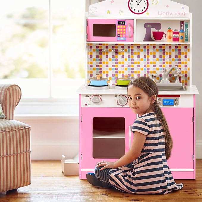 FFlyer Kids Kitchen Playset, Wooden Pretend Cooking Playset w/Cookware Accessories, Removable Sink, Microwave, Display Shelf, Toddler Pretend Play Kitchen Toy, Best Gift for Girl, Pink