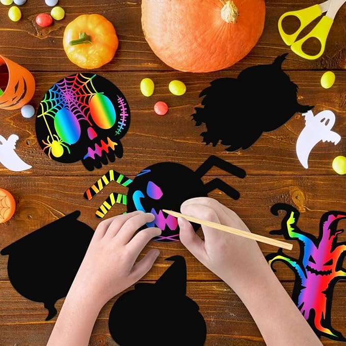 PARTYWIND Magic Halloween Crafts for Kids Activities, 60 PCS Scratch Paper Art for Halloween Hanging Decorations Ornaments, Scratch Off Cards with Pumpkin/Zombie/Bat, DIY Party Supplies Favors