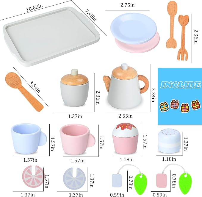 Two Color Design Toy Tea Party Set for Toddler Girls, Wooden Toy Tea Set, Toddler Play Food for 3-5-7 Years Girls and Boys…