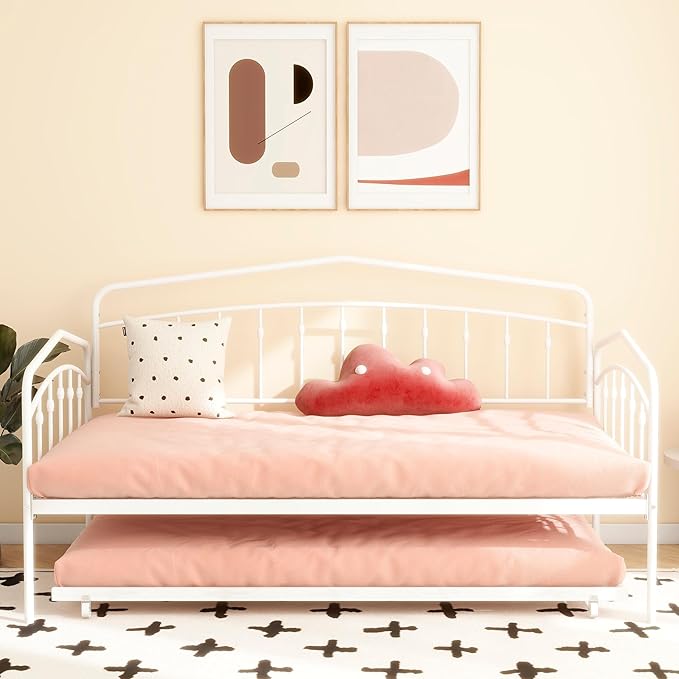 Christopher Knight Home Fox Twin Daybed with Trundle, Metal Sofa Bed Set, Rollaway Daybed Couch Bed Frame for Bedroom Living Room Guest Room, Elegant and Simple Style, Anti-Noise, Easy Assembly, White