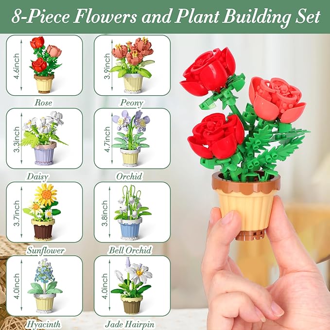 Flowers and Plant Building Set, (1671 Pcs) 8 Kinds Flowers Botanical Bonsai Building Set for Adults, Kids, Girls, Idea Gifts for Mother's Day, Birthdays, Creative Building Block Toys Decor for Home