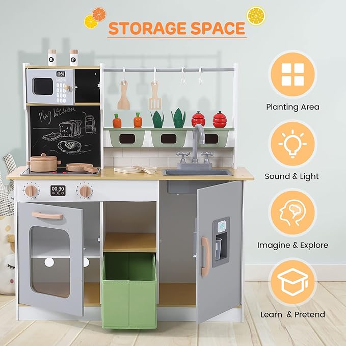 Wooden Play Kitchen, Farm to Kitchen Set, Kids Kitchen Toys with Cookware Accessories, Kitchen Play for Boys and Girls