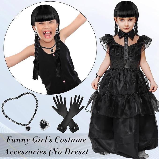 Black Wig Girls Costume, Halloween Costumes for Kids Girls, Black Outfit Costume Accessories Set for Kids(Classic)
