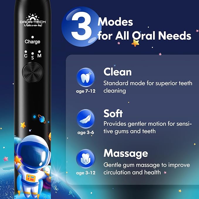 Kids Electric Toothbrush Rechargeable Age 3-5-6-12-18 Year Old, Sonic Toothbrush Kids with Timer 3 Modes 4 Vibrating Heads Habit Stickers Tooth Brush for Girls Boys and Childrens (Astronaut Black)