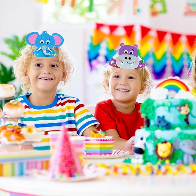 Winlyn 24 Sets Jungle Animal Headbands Craft Kits Safari Animal Crown Art Sets DIY Zoo Animal Party Headbands Animal Foam Stickers for Kids Jungle Safari Birthday Activities Party Favors Decorations