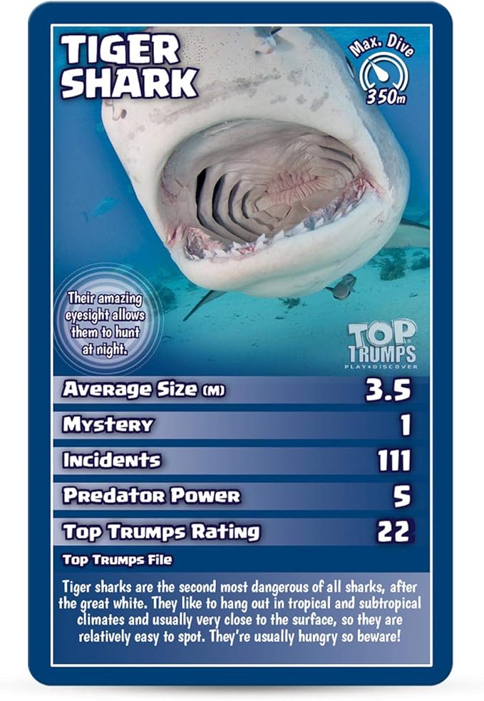 Top Trumps Sharks Classics Card Game, learn about Great White Sharks, Tiger Sharks and Hammerheads in this educational pack, gift and toy for boys and girls aged 6 plus