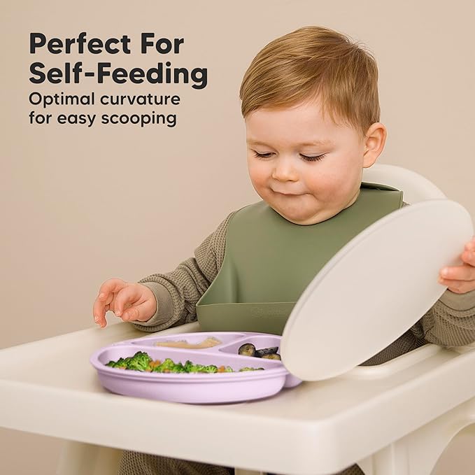 KeaBabies Suction Plates with Lids for Baby - 3-Pack 100% Silicone Suction Plates for Baby, Kids,Toddler Plates,Divided Baby Plates with Suction,Lids, BPA-Free, Microwave, Dishwasher Safe (Amethyst)