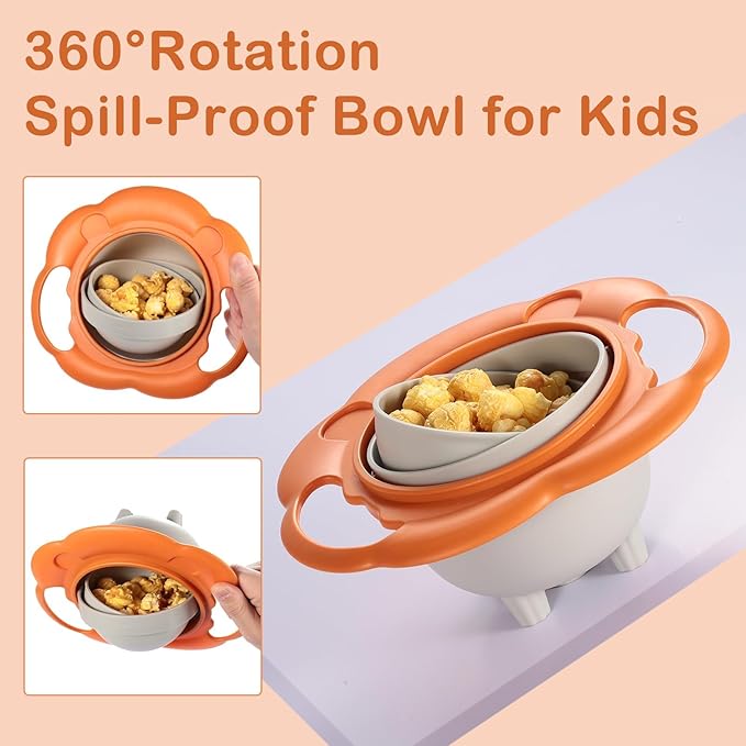 BPA Free Anti Spill 360 Rotate Gyro Bowl for Babies, Universal Kids Feeding Tableware (Gray/Orange), Small, Orange/Gray