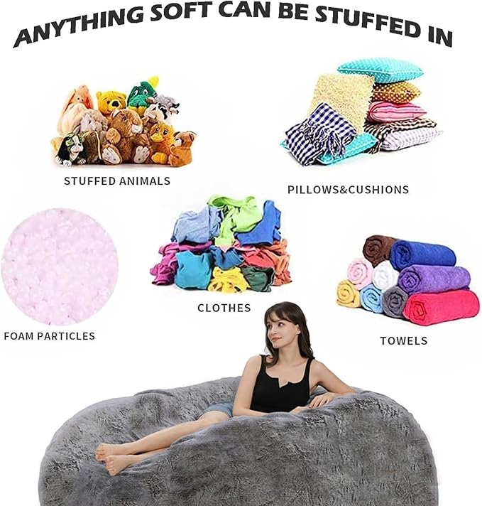 BCU 6FT Bean Bag Chair for Adults and Kids Without Filler Giant Stuffed Animal Storage Cover Soft Faux Fur Floor Chair Cover for Bedroom Living Room, Khaki