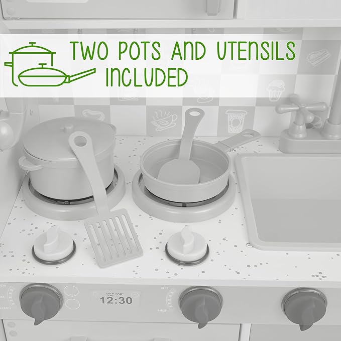 Lil' Jumbl Kids Kitchen Set, Pretend Wooden Play Kitchen with Chalk Board, Play Phone, Towel Rack & Ice Dispenser, Clicking Knobs, Pots & Utensils Included - White