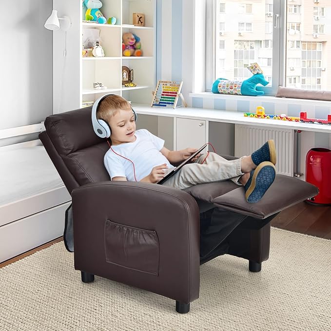 Costzon Kids Recliner, Adjustable PU Leather Lounge Chair w/Side Pockets, Footrest, Headrest for Kids Room & Play Room, Easy to Clean, Padded Recliner Sofa for Children Boys Girls Aged 3-12 (Brown)