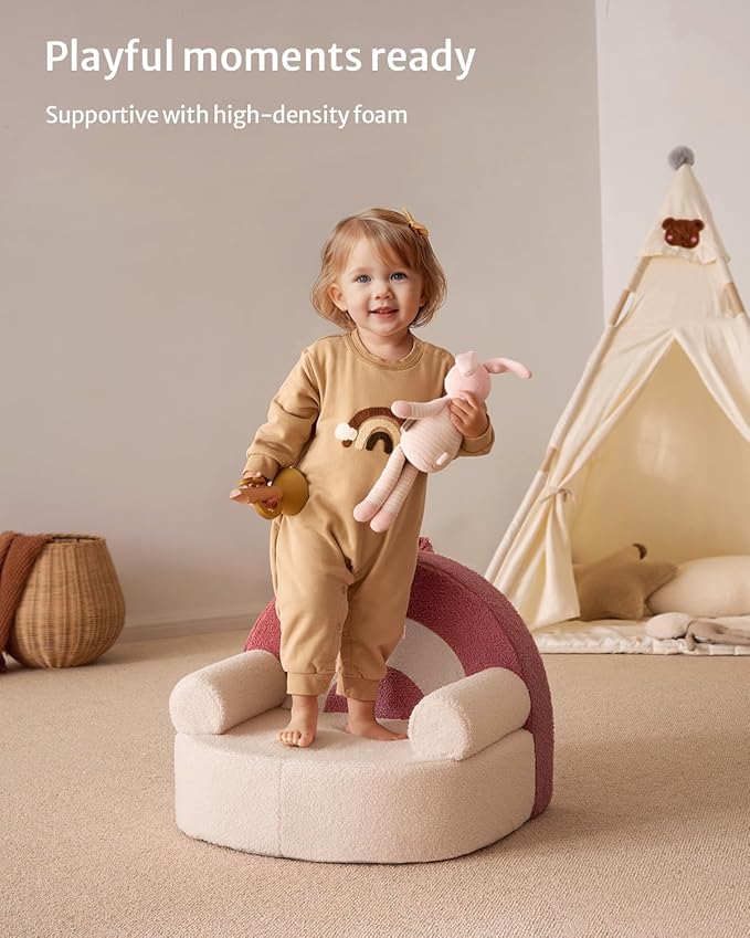 Blissful Diary Toddler Chair Comfy, Foam Kids Chair with Soft Teddy Plush, Toddler Reading Armchair with Cute Rainbow Designs- Light Cream