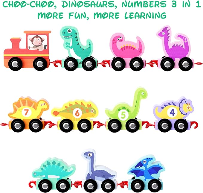Dinosaur Toys for Toddlers Age 2-4, Wooden Dinosaur Train Set with Playmat/Storage Bag, Montessori Educational Toys for 2+ Years Old Boys & Girls