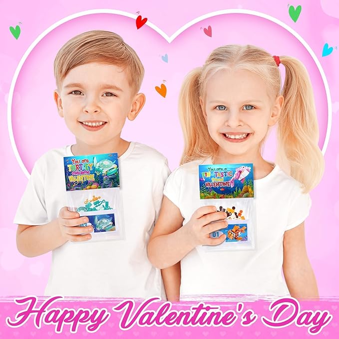 Valentines Day Gifts for Kids, 24 Pack Sea Animal Building Block Set with Valentines Day Cards for Kids Classroom School, Kids Party Favors Goodie Bags Classmate Exchange Gift Classroom Prizes