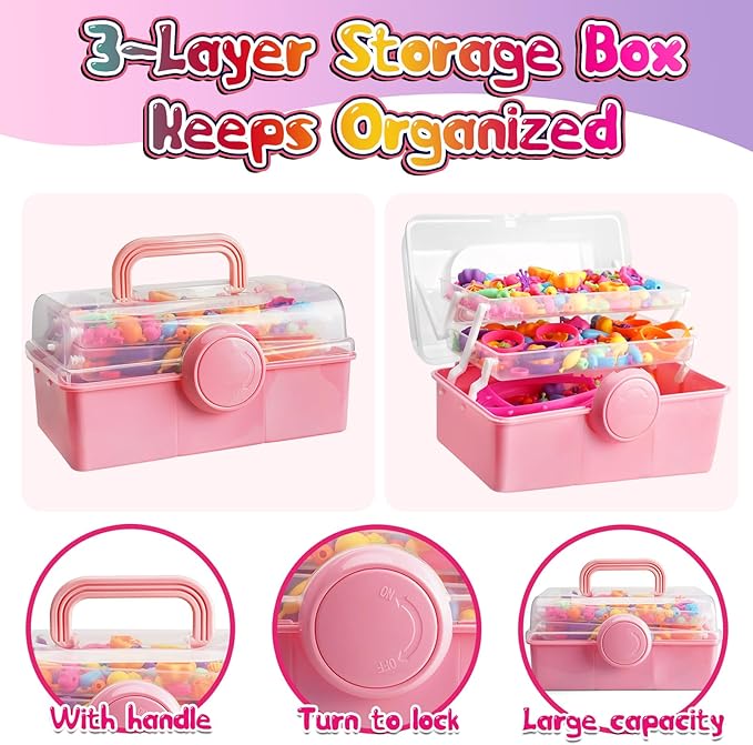 FUNZBO 850pcs Pop Beads - Jewelry Making Kit for 3 4 5 6 7 8 Year Old Little Girls, Arts and Crafts Toys for Kids, Necklace Bracelet Ring Hairband Creativity Snap Set Valentine Easter Birthday Gifts