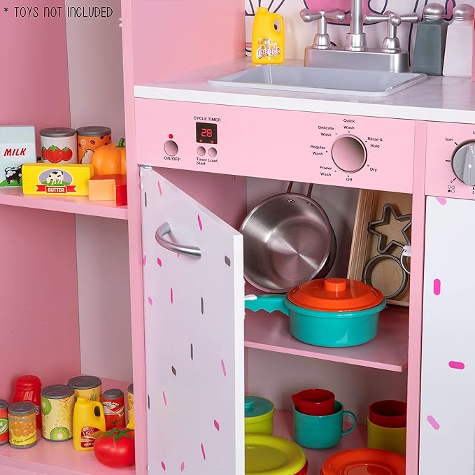 Lil' Jumbl Kids Kitchen Set, Pretend Wooden Play Kitchen, Battery Operated Icemaker & Microwave with Realistic Sound, Pots & Pan Included - Pink