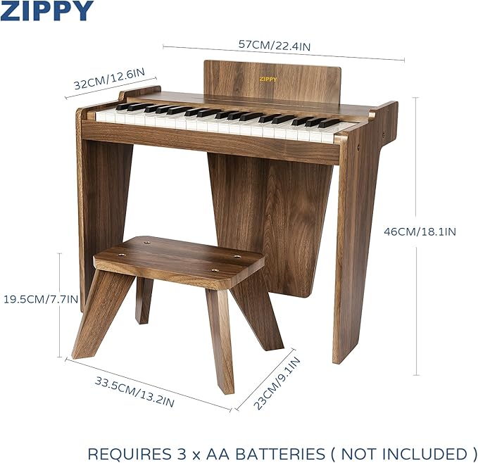 ZIPPY Kids Piano Keyboard, 37 Keys Digital Piano for Kids, Music Educational Instrument Toy, Wood Piano for 3+ Girls and Boys, Walnut Basic