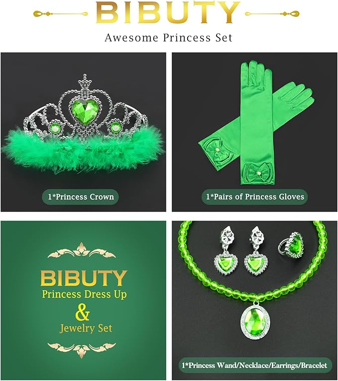 Princess Dress Up Accessories Princess Gloves, 7pcs Dress Up Set for Toddler Girls (Green, 7PCS)