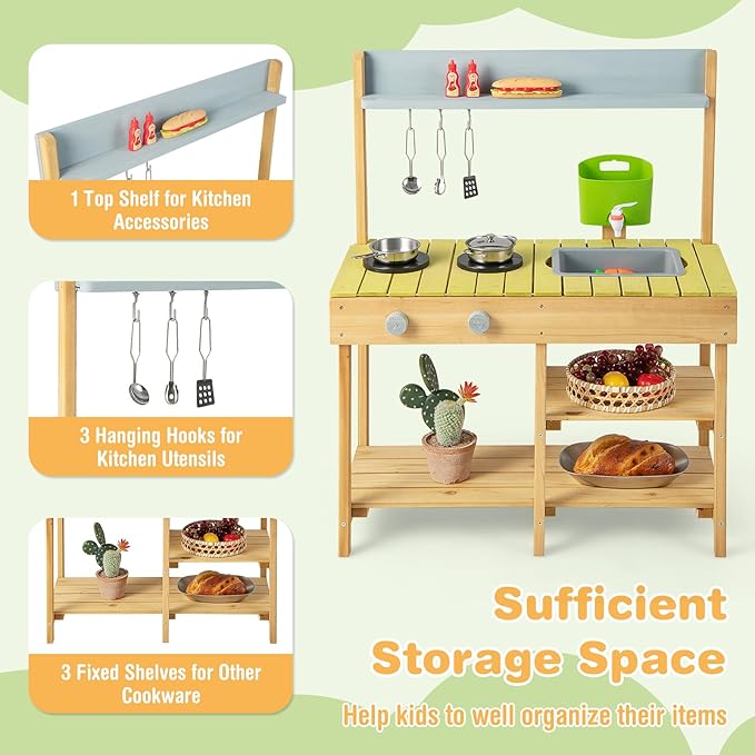 HONEY JOY Mud Kitchen, Fir Wooden Play Kitchen for Toddlers, Mud Table, Running Water, Removable Sink, Outdoor Kids Kitchen Playset, Mud Kitchen for Kids Outdoor, Gift for Boys Girls