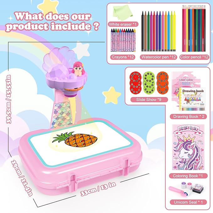 Drawing Projector for Kids,Arts and Crafts for Kids,Include Drawing Board,Crayons,Coloring Book,Stickers etc,Kids Toys for Age 3-5 Year Old Girls Christmas & Birthday Gifts (Mermaid Drawing Box)