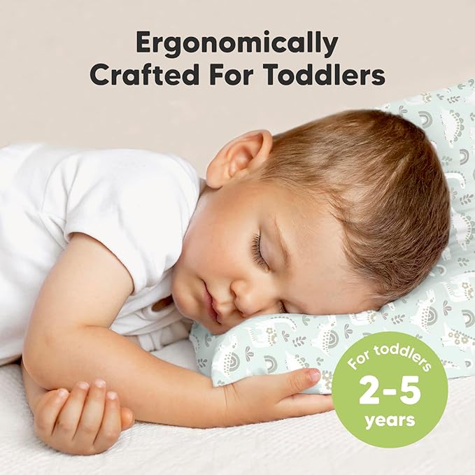 Toddler Pillow with Pillowcase - 13x18 My Little Dreamy Pillow, Organic Cotton Toddler Pillows for Sleeping, Kids Pillow, Travel Pillows, Mini Pillow, Nursery Pillow, Toddler Bed Pillow (DinoBloom)