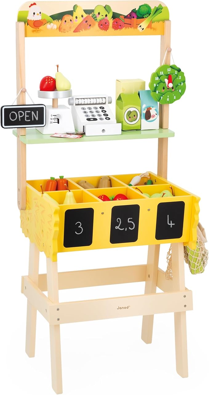 Janod - Children's Merchant Farm Market - Imitation Game for Children - 32 Accessories - Develops Imagination - FSC Wooden Toy - Water Painting - Suitable for Ages 3 and Above - J03322