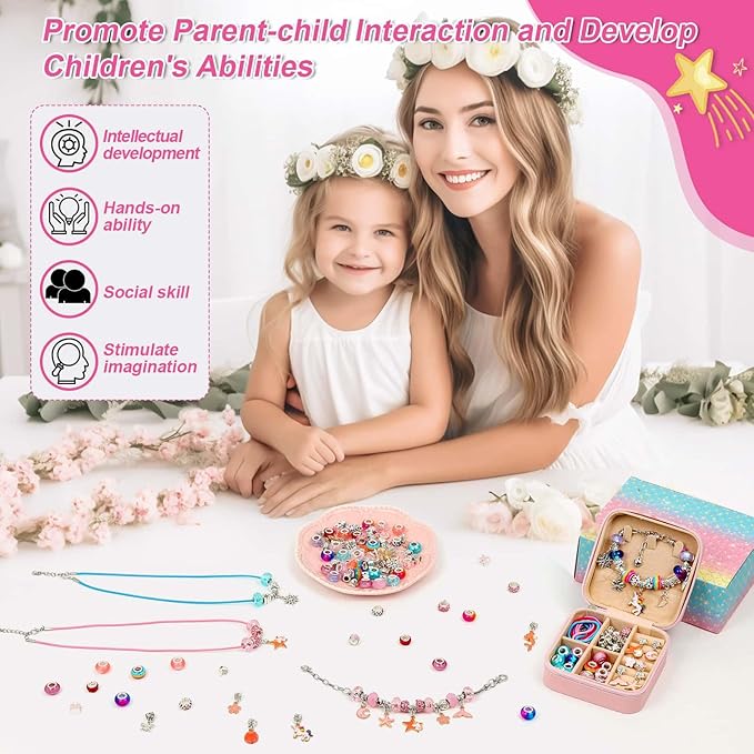 LifeisLuck Charm with Bracelet Making Kit, Jewelry Making Kit for Girls DIY Bead Necklace Kit with A to Z Bracelet Box Unicorns Crafts Arts Girls Toys Age 8-12 Birthday Gifts for Kids - M