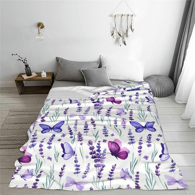 Purple Lavender Floral Flowers Butterfly Throw Blanket Gifts for Girls Boys Men Women Ultra Soft Warm All Season Decorative Fleece Blankets for Bed Chair Car Sofa Couch Bedroom 40"X50"