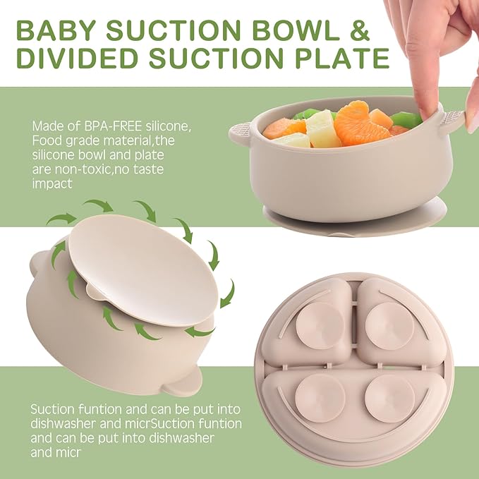 Dandat 24 Pcs Silicone Baby Feeding Set,6 Baby Toddler Suction Bowls 6 Divided Suction Plates with 6 Forks 6 Spoons, Utensils Set for Weaning Infant Feeding and Eating, 6 Styles(Light Color)