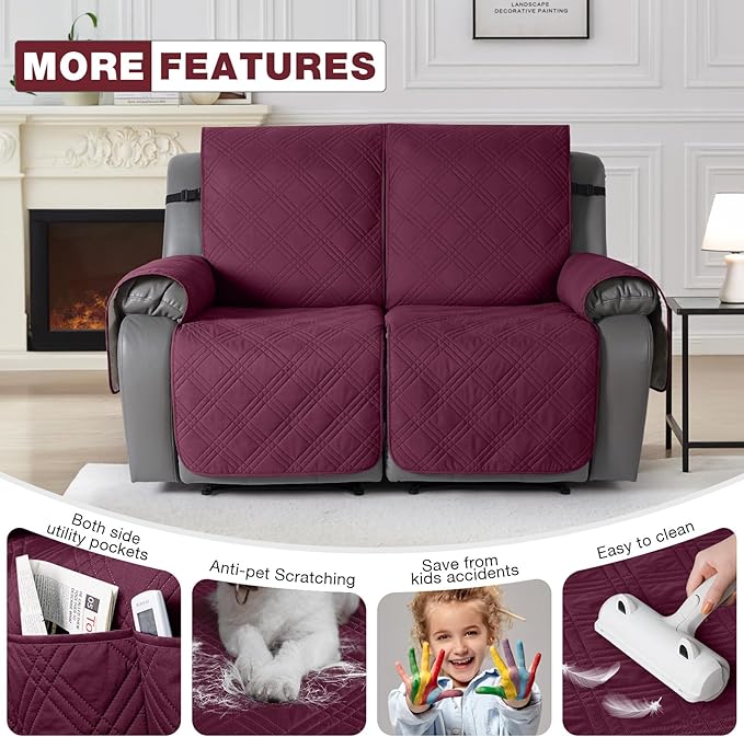 TAOCOCO 100% Waterproof Loveseat Recliner Cover, Non Slip Split Loveseat Covers for Reclining Loveseat with Elastic Straps, Washable Recliner Chair/Furniture Protector for Pets(2 Seater, Wine)