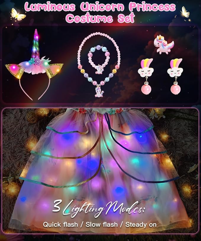 TOLOYE Princess Dresses for Girls, Light Up Mermaid Unicorn Costume Dress with Accessories for Halloween Carnival Cosplay