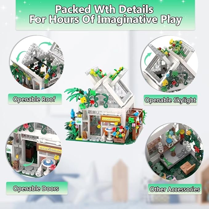 Flower House Building Blocks Set- Mini Garden Greenhouse,Flower Shop Building Kit with LED Lights,Creative Building Playset Toy,Valentines Day Gifts for Adults or Girls 6-12 Years
