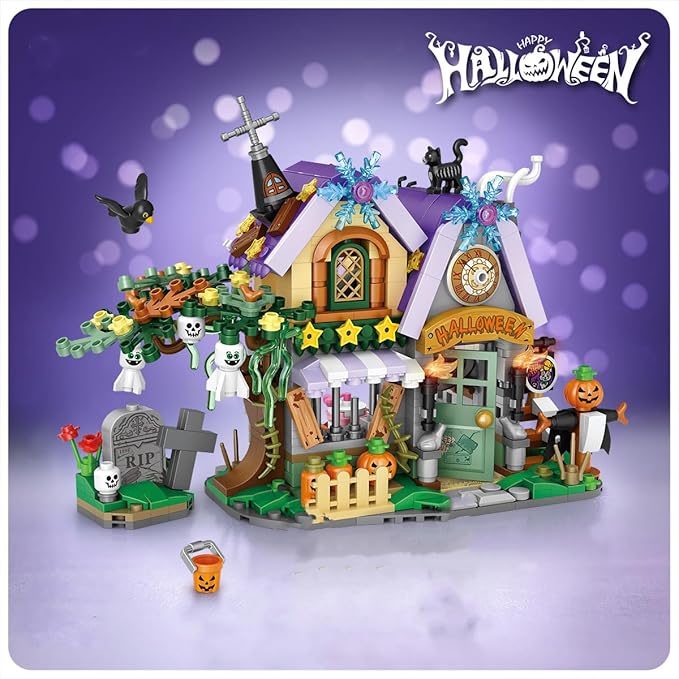 Street View Halloween Haunted House Bricks Model Set, 765Pcs DIY Building Block Assembly Mini Particle Construction Toy