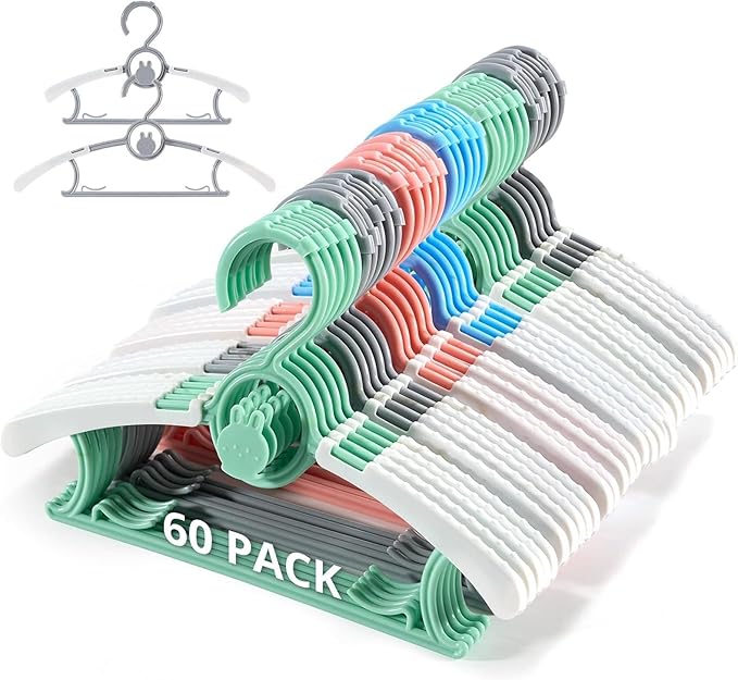 Kids Hangers, Extendable & Stackable Baby Hangers, 60PCS Mix-Colors Toddler Hangers for Baby Toddler Children Kids Teen, 11~14Inch Non-Slip Plastic Kid Hangers, Baby Clothes Hangers