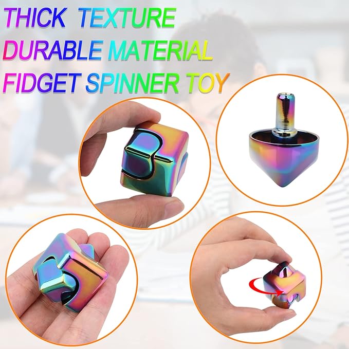 QLKUNLA Fidget Cube Spinner Anti-Anxiety Focusing Fidget Toys EDC Fidgets Spinner 4-in-1 Toy Metallic Focus Toy Cube Finger Top Desktop ADHD Stress Relieve Toys for Kids and Adults (Gold)